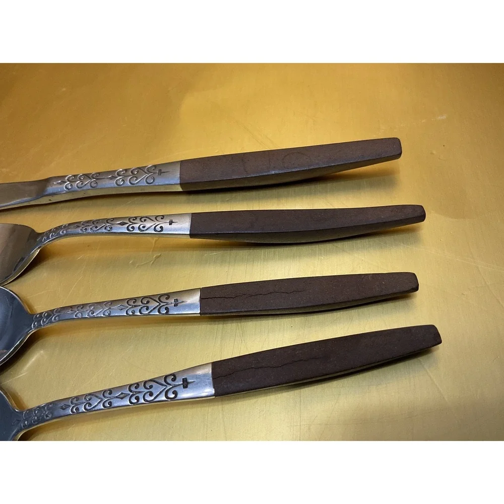 Interpur Japan Stainless Flatware Brown Faux Wood Handle Scroll 4pc Set Spoons